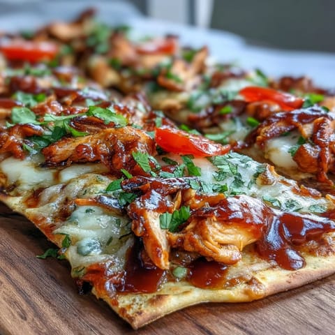 Smoky BBQ chicken flatbread pizza with melted mozzarella, red onion, and bell pepper, perfect for a quick weeknight dinner.