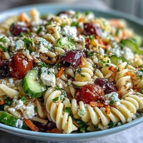 Memorial Day Pasta Salad with Italian Dressing and Veggies in a vibrant bowl, featuring rotini pasta, cherry tomatoes, cucumber, bell peppers, and olives, tossed in zesty Italian dressing.