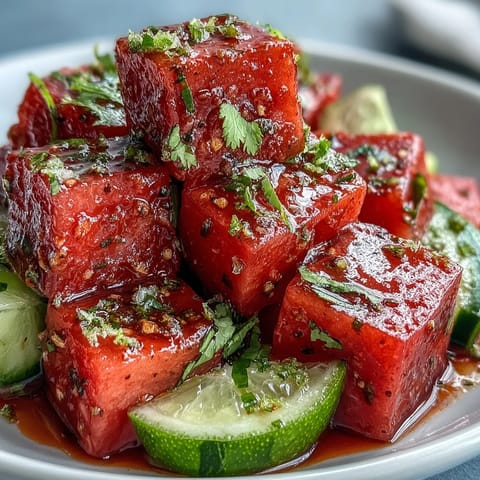 Vibrant watermelon cucumber salad with Tajin and lime, perfect for summer gatherings and light, refreshing meals.  