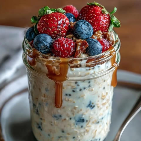 Creamy overnight oats with chia, flax, and berries ready to eat.