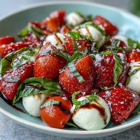 Fresh Strawberry Caprese Salad with creamy mozzarella and basil, drizzled elegantly.