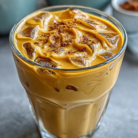 Vibrant Turmeric Golden Milk Iced Latte with creamy spices, served chilled over ice.