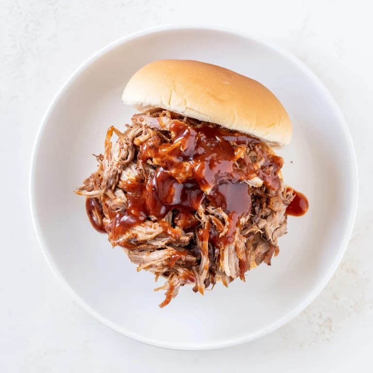 Juicy shredded Pulled Pork Sandwich served on a toasted bun, ready to be topped with creamy coleslaw.