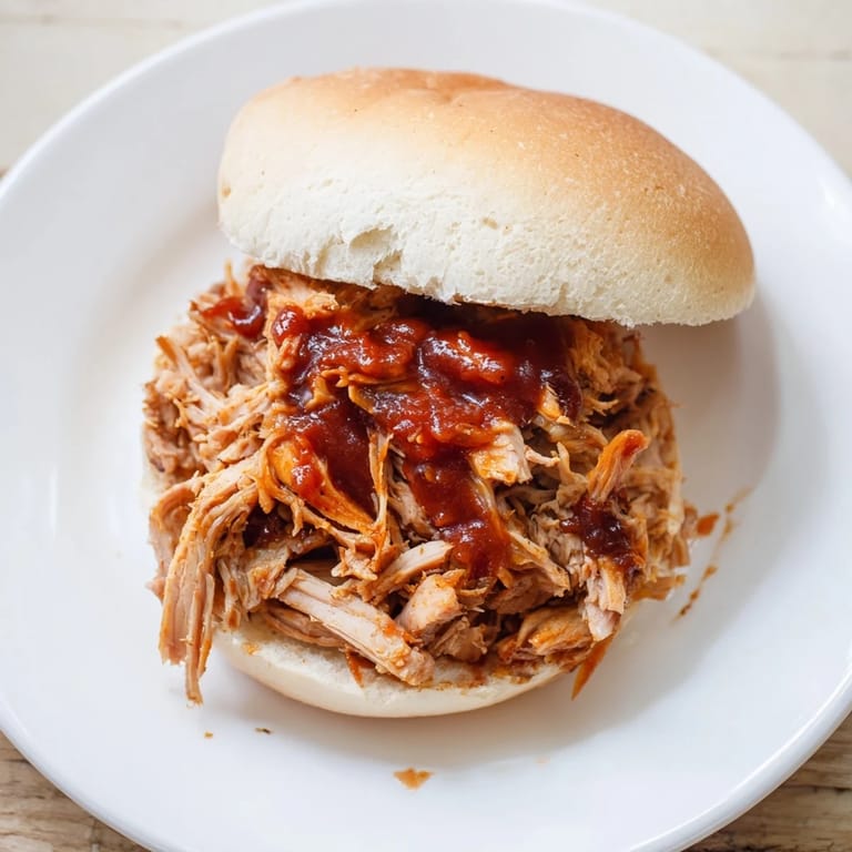 Golden brown Pulled Pork Sandwich stacked on a plate with coleslaw and extra barbecue sauce for dipping.