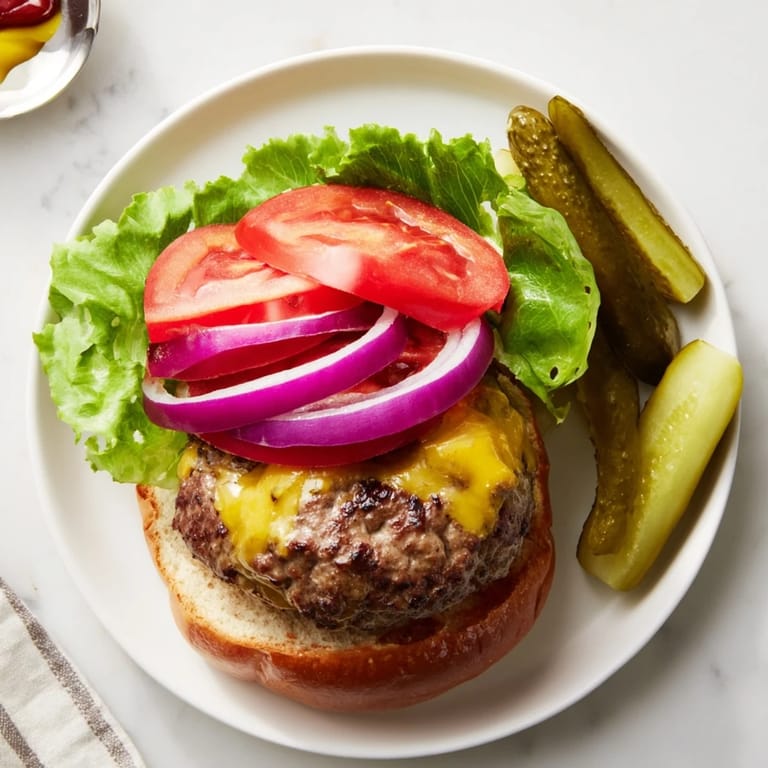 Close-up of a juicy hamburger with melted cheese and pickles ready to serve for an American dinner.