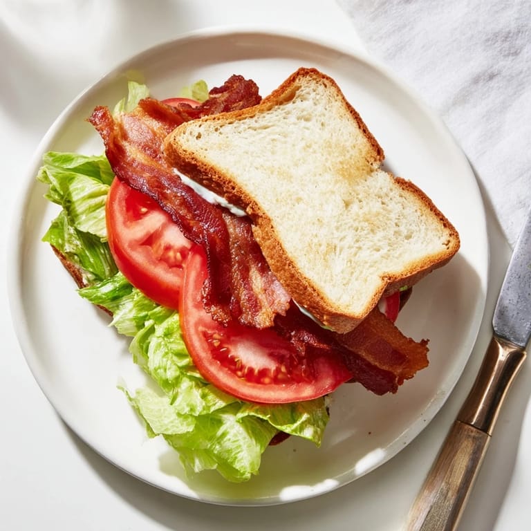 A toasted BLT sandwich sliced in half, revealing crunchy bacon and juicy tomato slices.