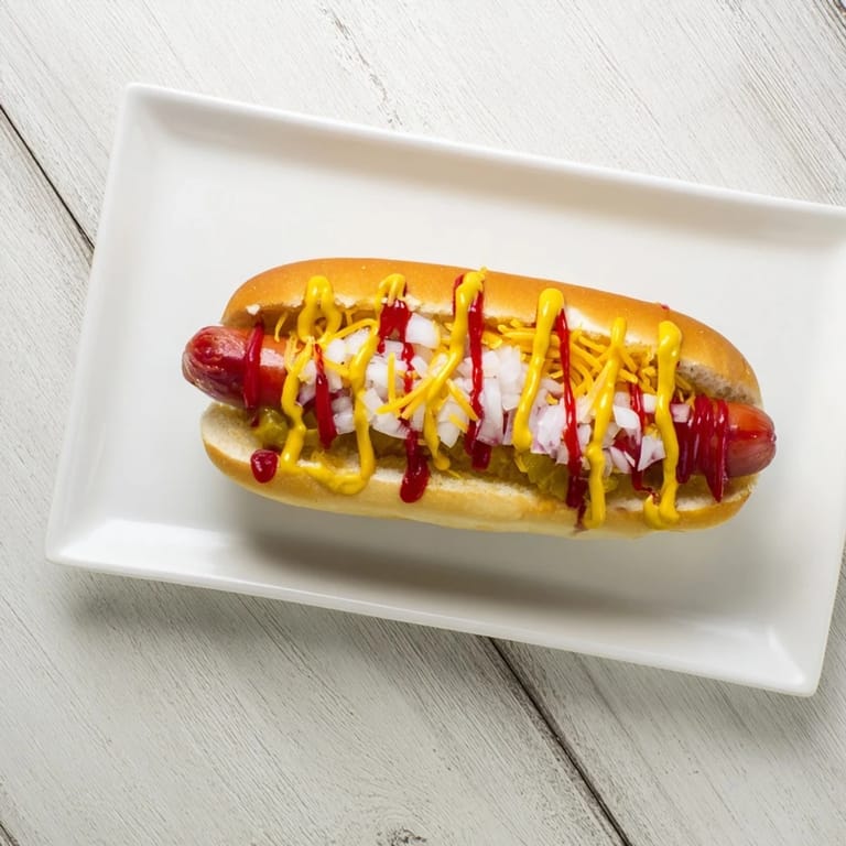 Sizzling grilled hot dogs nestled in toasted buns, topped with mustard, ketchup, relish, and onions, ready to serve.