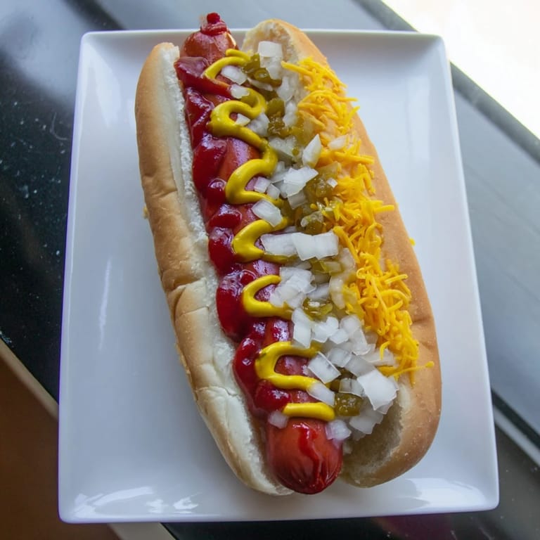 Four juicy hot dogs in soft buns topped with classic yellow mustard, ketchup, and sweet relish on a picnic table.