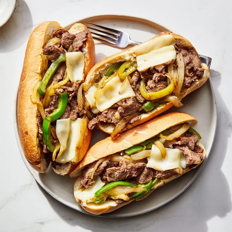 Classic Philly cheesesteak sandwiches with sautéed onions, shaved beef, and melted cheese on soft rolls served on a checkered tablecloth.