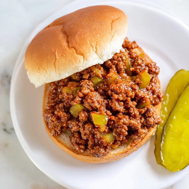 A steaming skillet of homemade Sloppy Joes is topped with dill pickle slices, served beside a side of coleslaw.