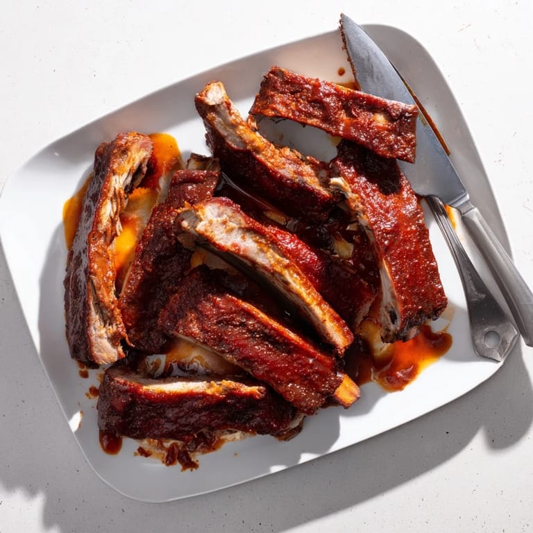 Fall-off-the-bone BBQ Ribs cut into individual ribs, paired with cornbread and extra sauce on the side.