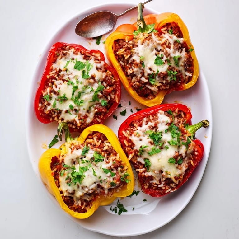 Golden baked stuffed bell peppers paired with a crisp green salad on a rustic wooden table for dinner.