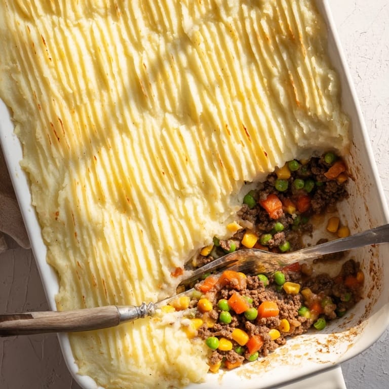 Steaming Shepherd's Pie reveals savory ground beef and vegetable filling under fluffy potato topping.