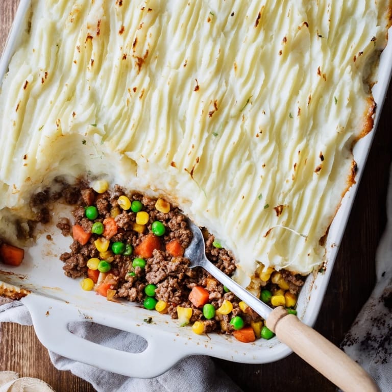 Freshly baked Shepherd's Pie with a crispy fork-swirled crust, ready to serve for dinner.