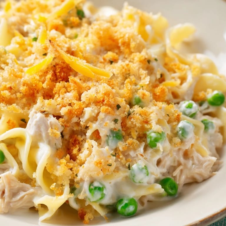 Serving of comforting homemade Tuna Casserole on a plate beside a crisp green salad, ready for a cozy family dinner.