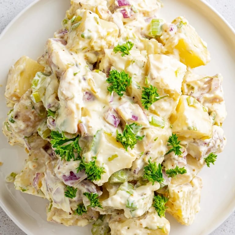Homemade potato salad featuring Yukon Gold potatoes mixed with a tangy mayonnaise and mustard dressing.