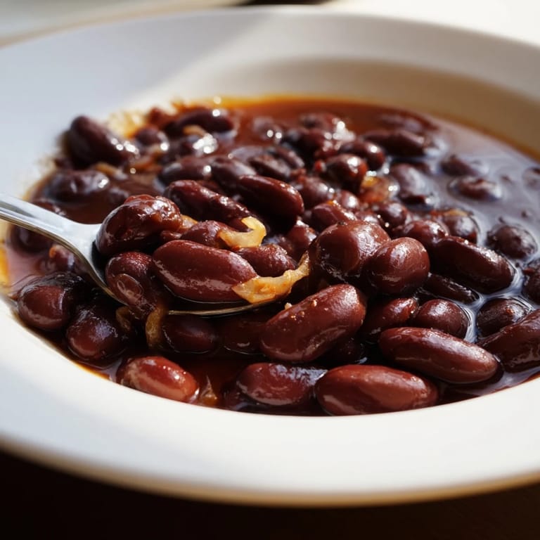 Golden baked beans in a sweet-savory sauce served with crusty bread.