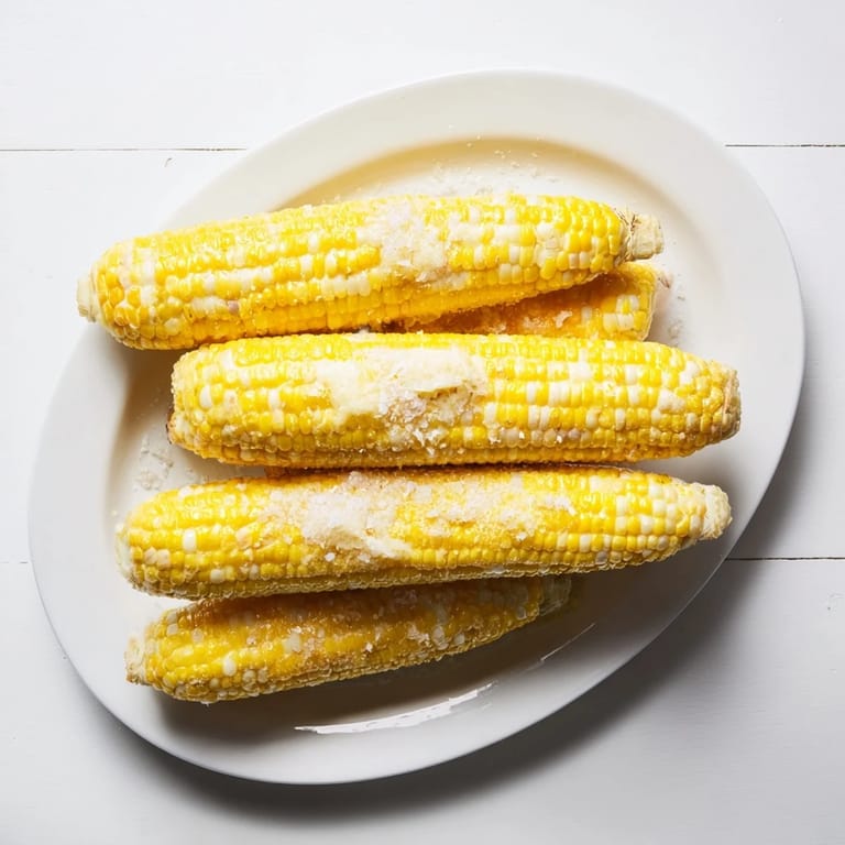 Golden grilled corn on the cob features charred kernels and a pat of butter, ready to be enjoyed at a sunny backyard barbecue.