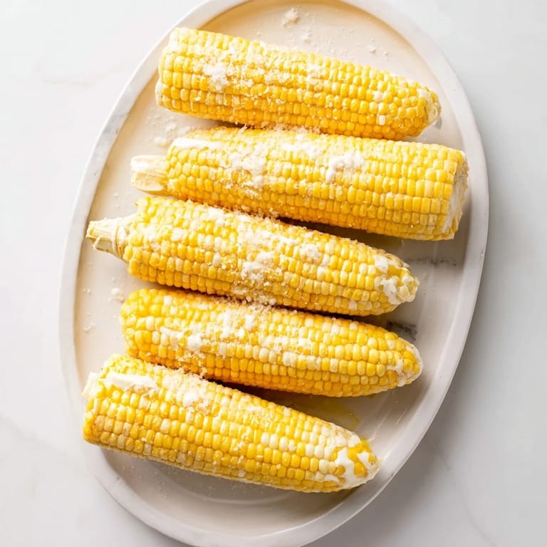 Classic corn on the cob with bright yellow kernels, lightly buttered and salted, displayed on a white plate with a striped napkin.