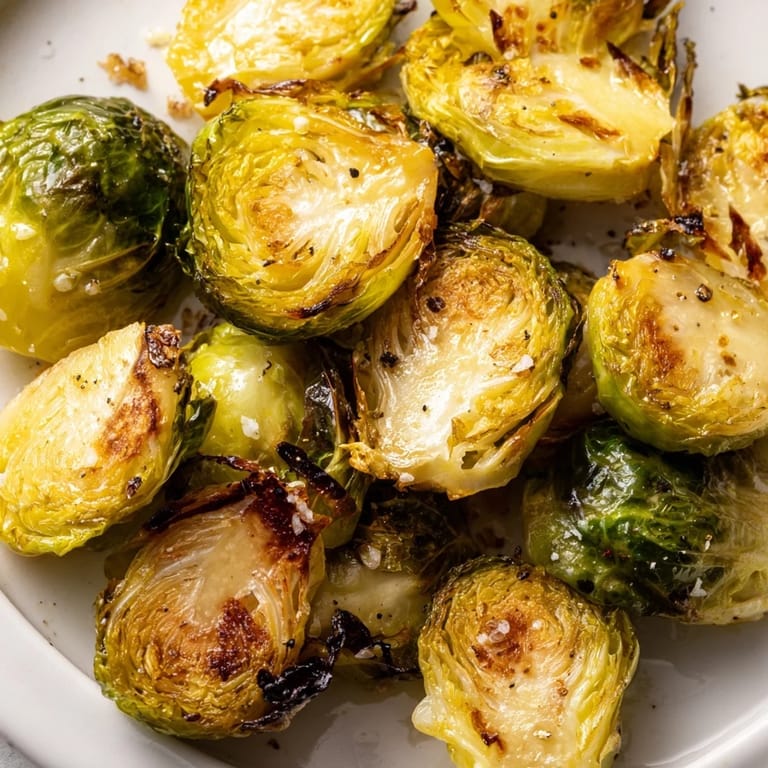 Savory Roasted Brussels Sprouts served warm in a white bowl, garnished with a lemon wedge for bright flavor.