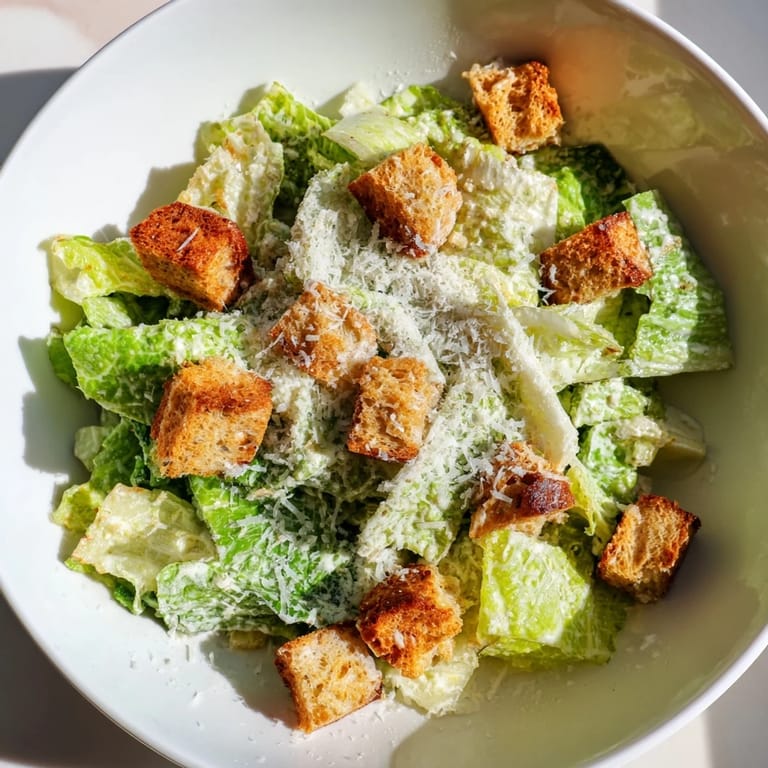 A close-up of a classic Caesar salad garnished with shaved Parmesan and a wedge of lemon for serving.