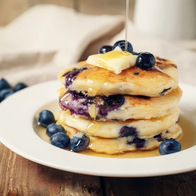 Golden-brown Blueberry Pancakes sizzling on a griddle, filled with juicy blueberries and ready to serve warm.