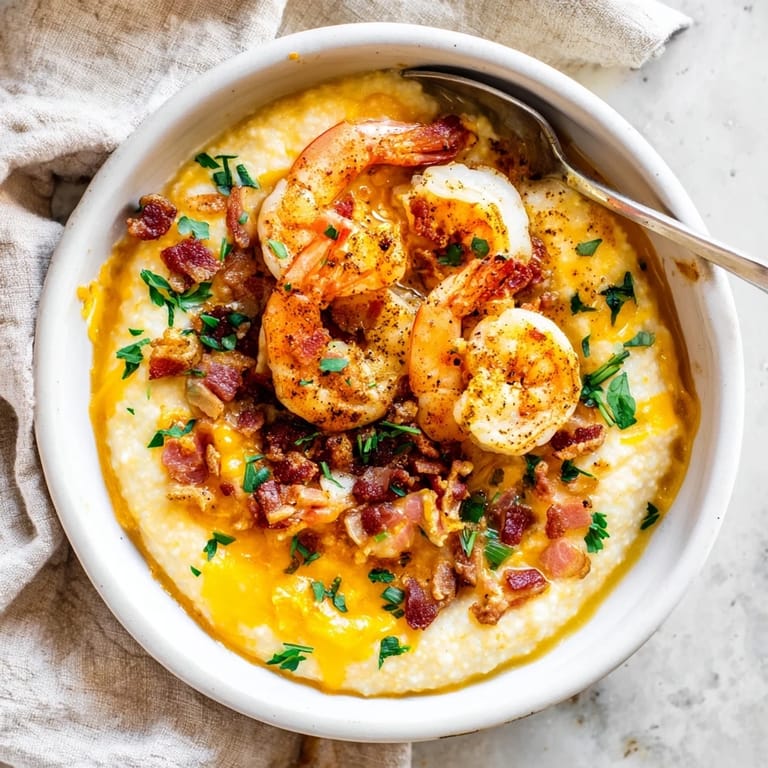 Freshly prepared Shrimp and Grits garnished with parsley, featuring succulent shrimp and rich, creamy grits ready to serve.