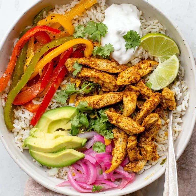 Overhead view of a hearty Chicken Fajita Bowl featuring fluffy rice, grilled chicken, vibrant veggies, and creamy avocado slices.