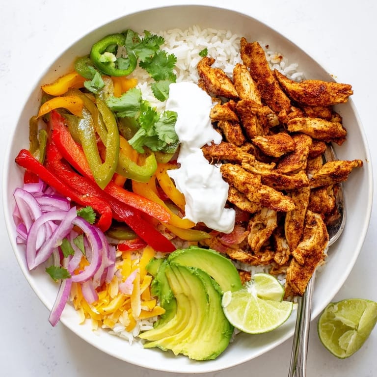 A savory Chicken Fajita Bowl ready to eat, topped with cheese, salsa, and a lime wedge on the side.
