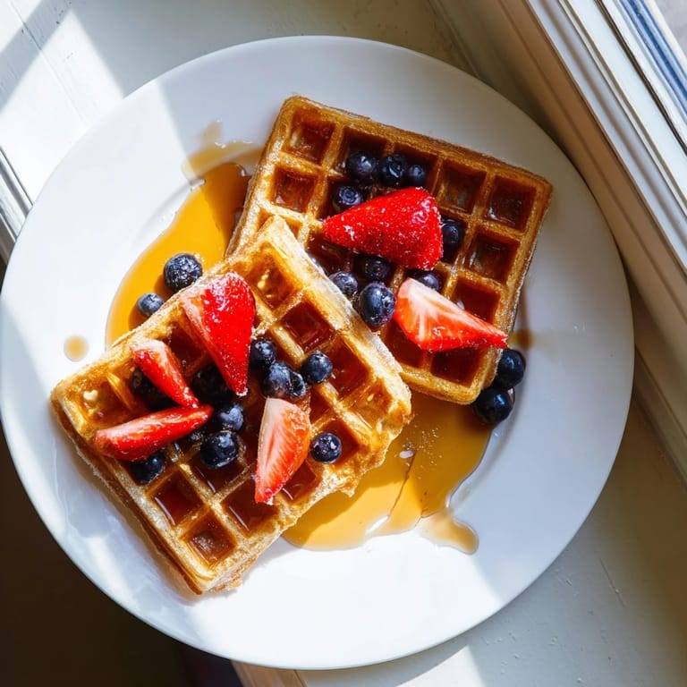 Stack of fluffy waffles topped with melting butter and whipped cream, a perfect brunch centerpiece for a weekend morning.