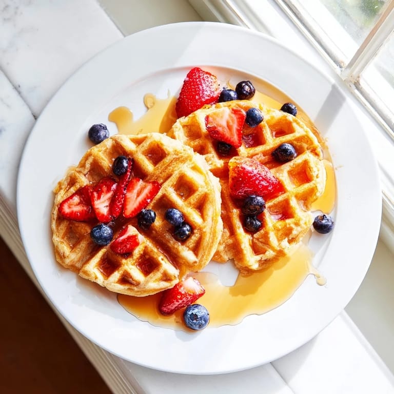 Golden-brown waffles with a tender interior, served warm on a rustic plate for a classic American breakfast.