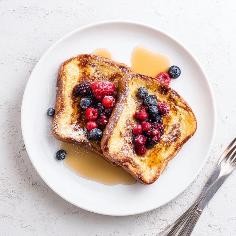 Homemade French toast stacked high on a plate with fresh berries, looking sweet and custardy.