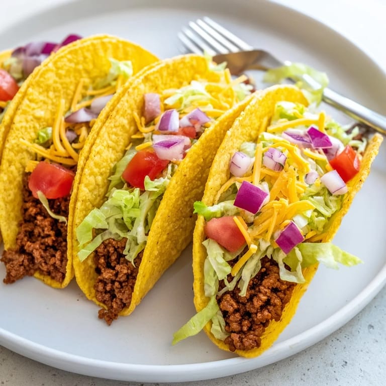 A close-up of golden American-Style Tacos filled with savory beef, diced tomatoes, and melty cheese.