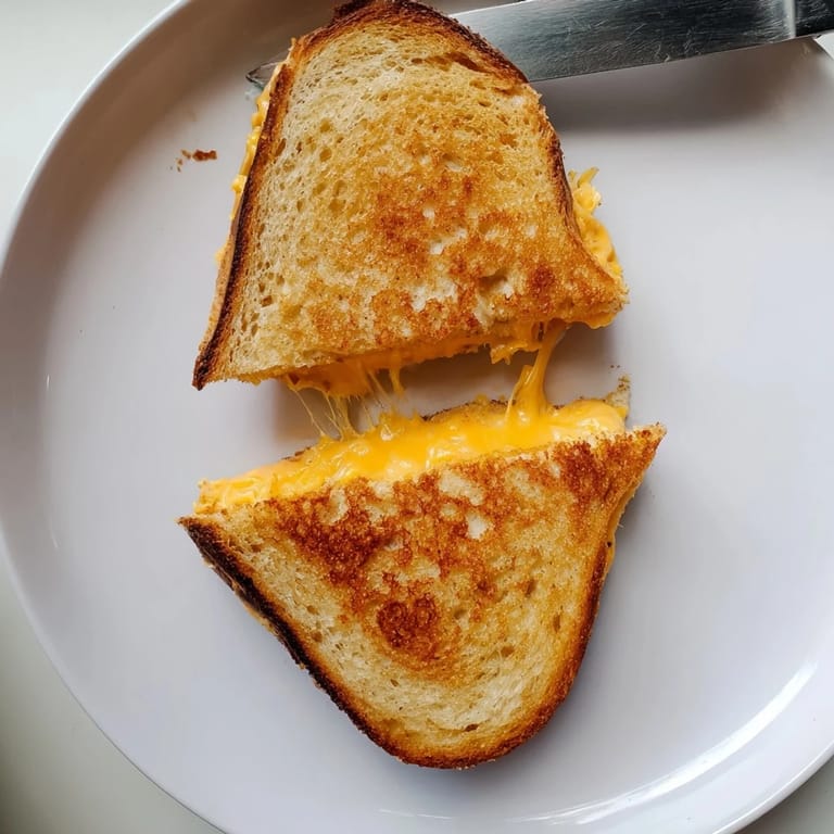 Two halves of a Grilled Cheese Sandwich sit beside a red bowl of creamy tomato soup.