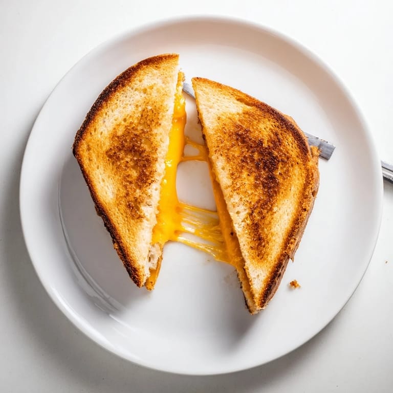 A hand lifts a wedge of Grilled Cheese Sandwich, stretching long strands of melted cheese.