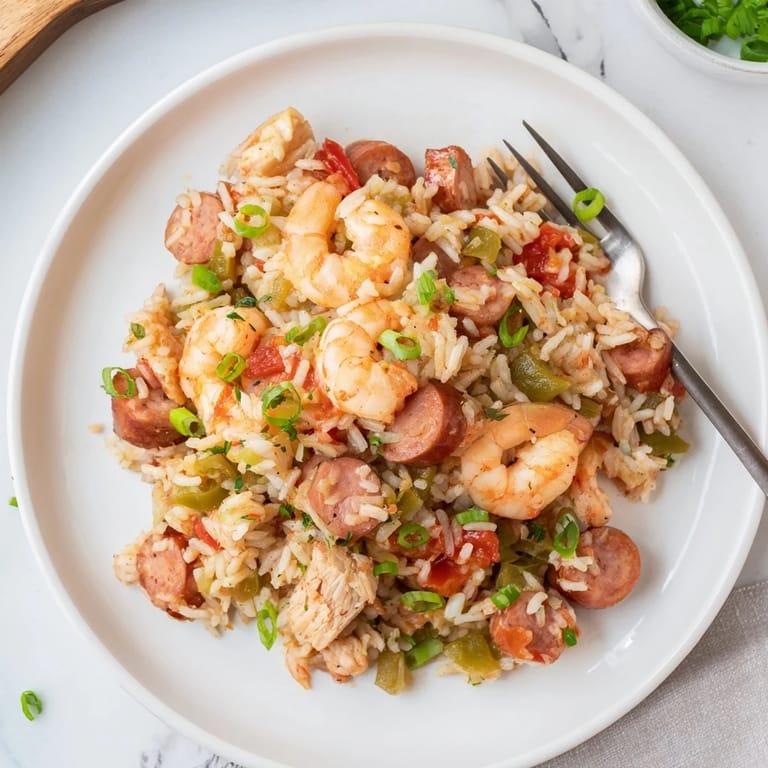 Served jambalaya garnished with green onions and parsley, ready for spicy bites.