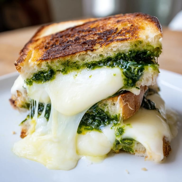 Toasted sourdough grilled cheese layered with fresh spinach pesto and melted cheese for a comforting vegetarian meal.