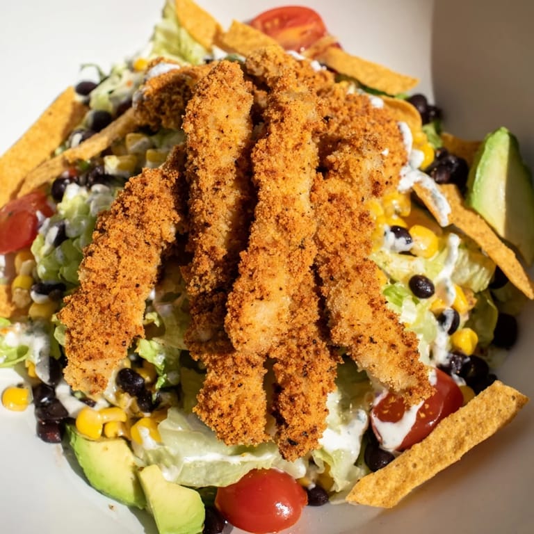 Freshly prepared Crispy Chicken Taco Salad features seasoned chicken, colorful vegetables, and a rich salsa ranch dressing, ready for a Tex-Mex lunch.
