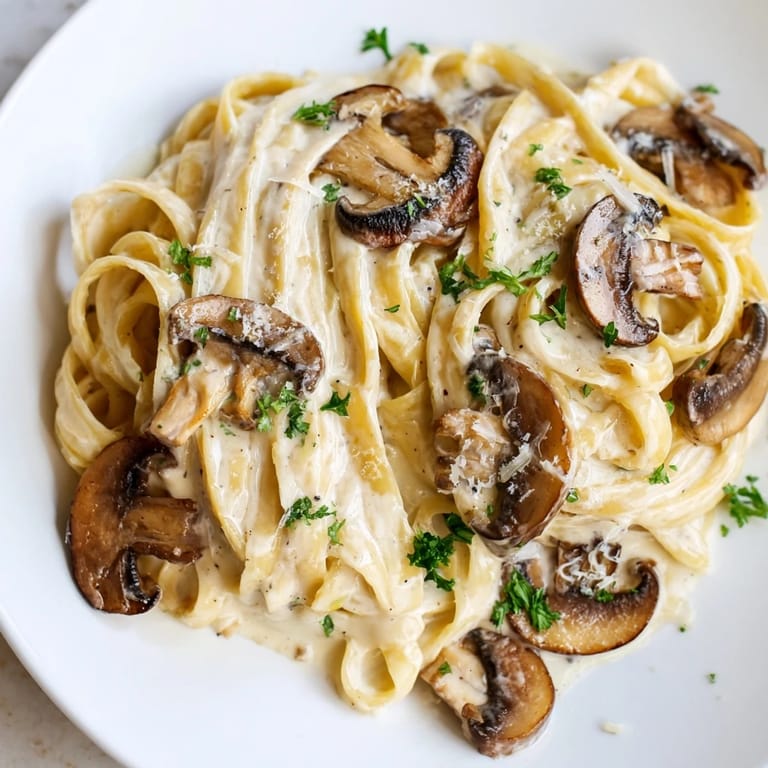 Sautéed mushrooms and garlic simmer in a luscious cream sauce, tossed with fettuccine for a rich, vegetarian Italian-inspired dinner.