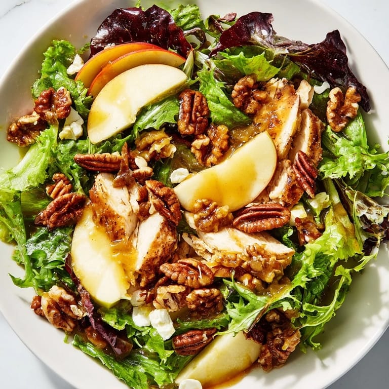 Freshly plated Caramel Apple Chicken Salad served with red onion slices and an apple cider vinaigrette drizzle.