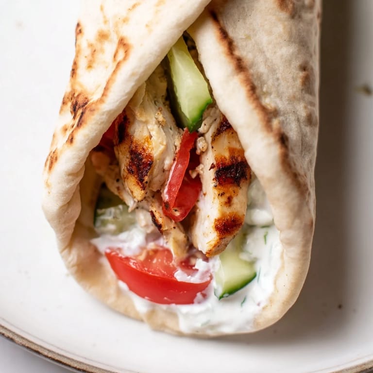A close-up of a Greek Chicken Wrap overflowing with juicy grilled chicken, crisp veggies, and a drizzle of tangy tzatziki sauce.