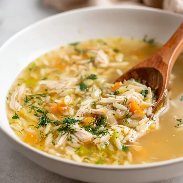 Comforting Mediterranean Chicken Lemon Orzo Soup served hot with parsley and a squeeze of lemon.