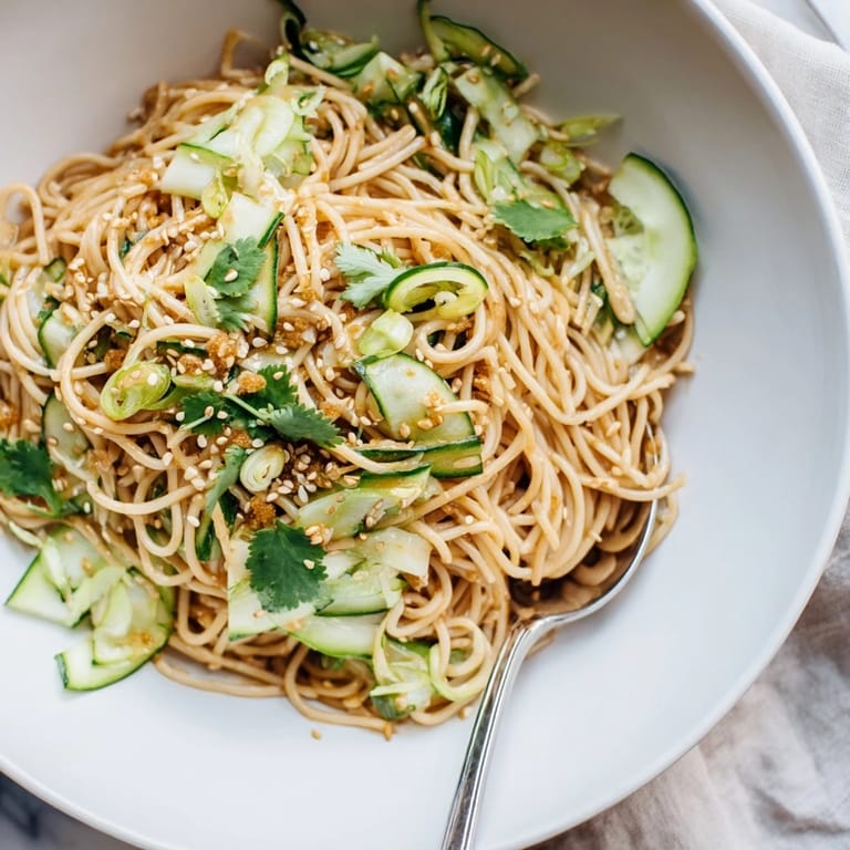 Vibrant bowl of Spicy Sesame Noodle Salad featuring crisp vegetables, roasted peanuts, and a bold chili-soy dressing.  