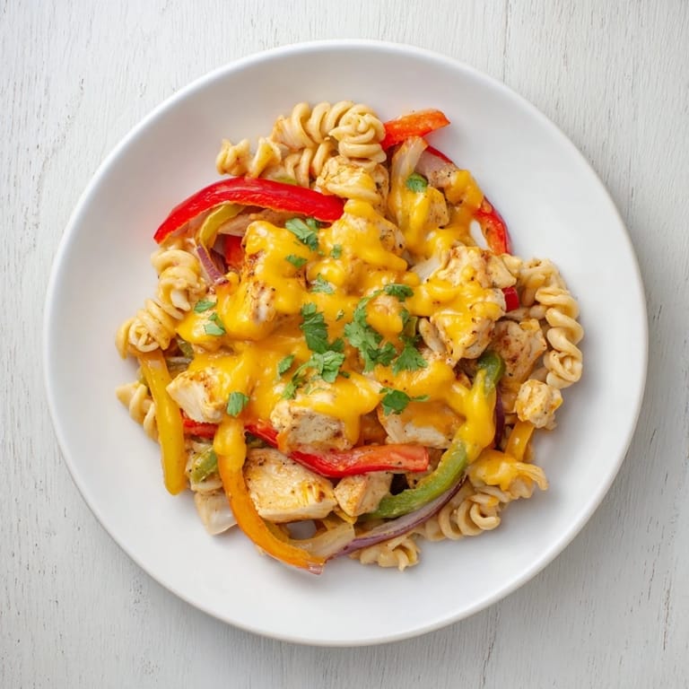 Chicken Fajita Pasta Skillet served with lime wedges, ready for a colorful, cheesy weeknight Tex-Mex dinner.