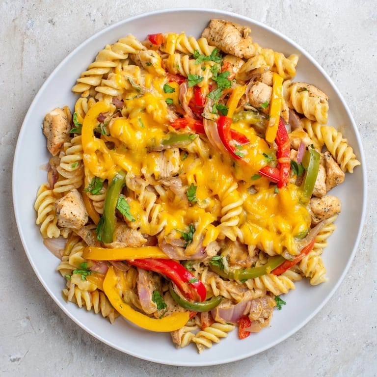 Golden brown chicken and sautéed peppers mixed with pasta in a zesty fajita seasoning, topped with cilantro.