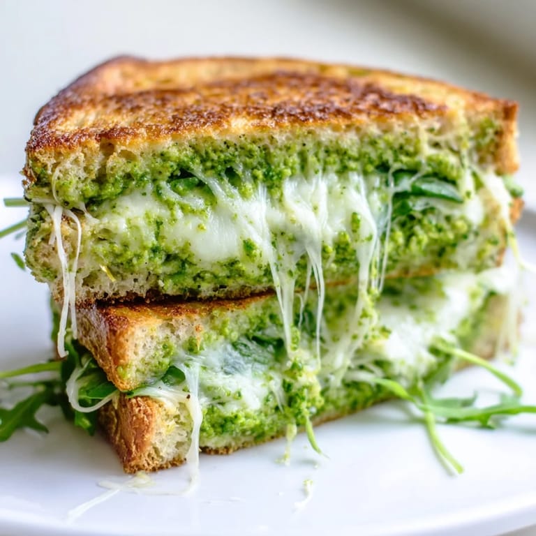 A close-up of Spring Pea Pesto Grilled Cheese highlights the bright green pea pesto spread and the golden, crunchy sourdough crust.