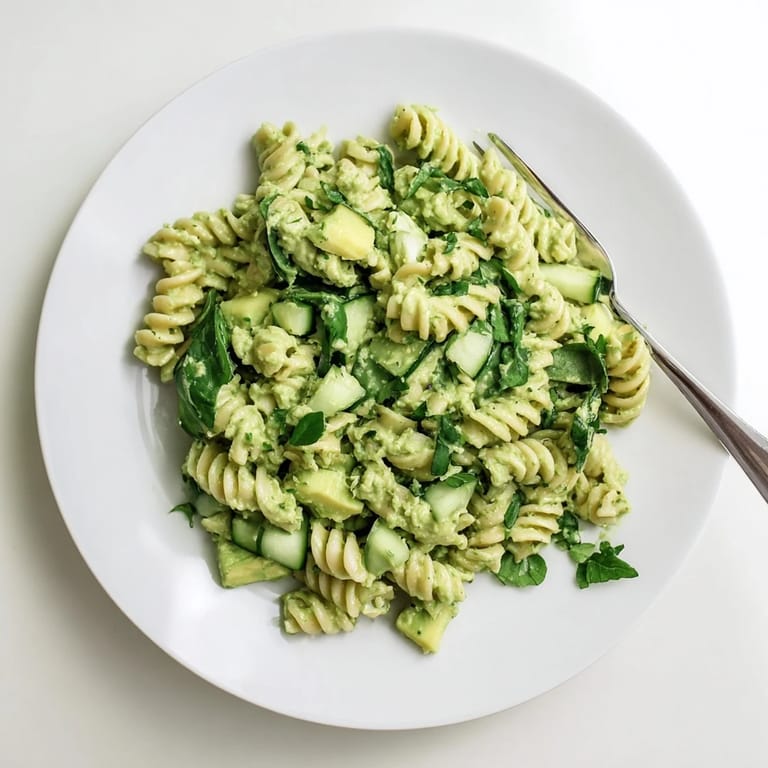 Chilled Green Goddess Pasta Salad with tender fusilli, spinach, and herbs, tossed in a vibrant dressing for a light summer lunch.