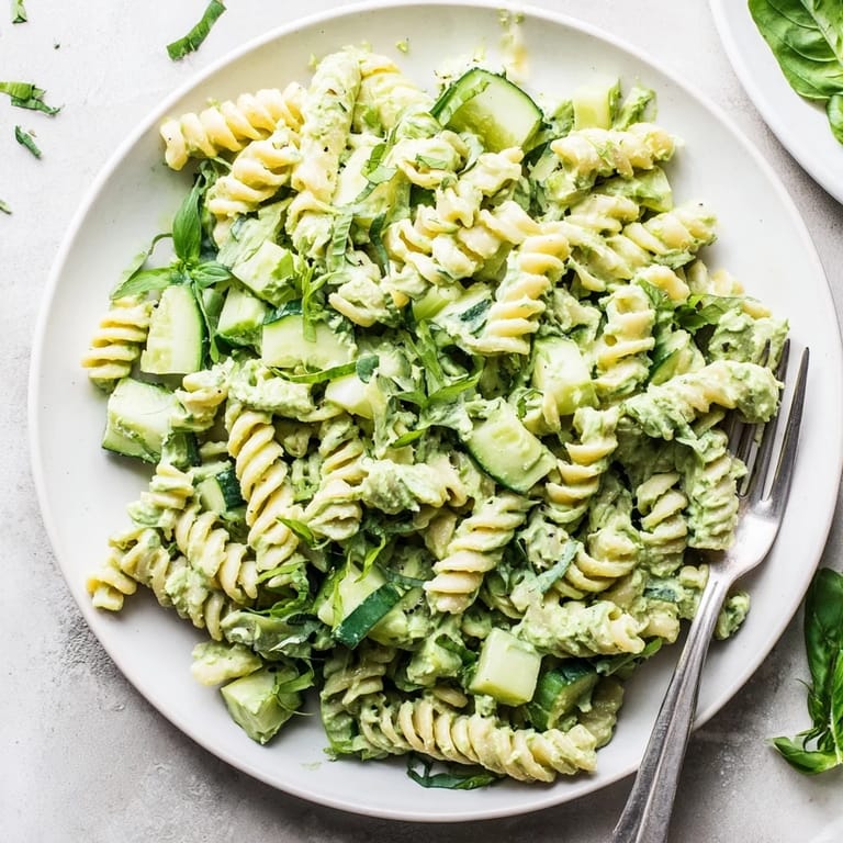 A bowl of Green Goddess Pasta Salad featuring al dente pasta, crunchy cucumber, and fresh chives with a creamy avocado dressing.