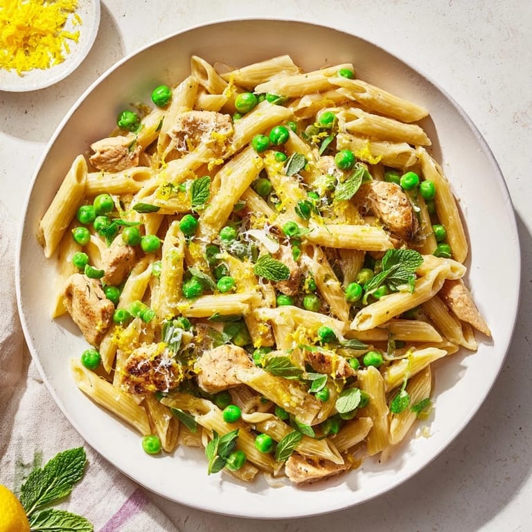 Savory Pea & Mint Chicken Pasta served steaming hot, garnished with extra Parmesan and chopped mint.