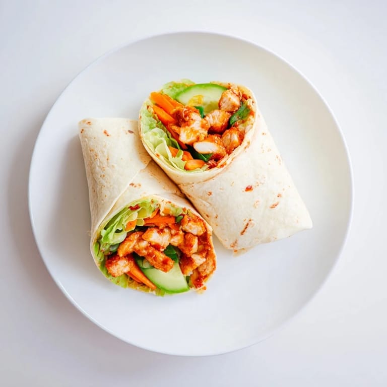 The Honey Chili Crunch Chicken Wrap sits on a wooden board, drizzled with extra honey chili sauce and served with a side of lime wedges.  